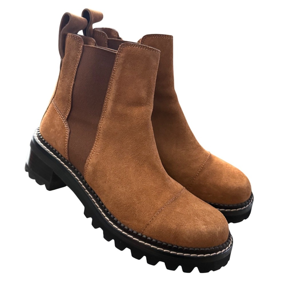 See by Chloe Mallory Chelsea Booties Women 38.5 Brown Suede Lug Sole SB35141A